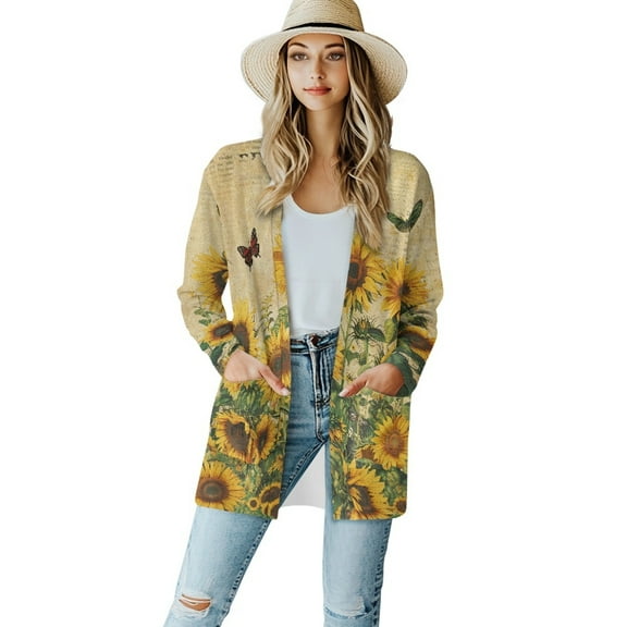 SCRAWLGOD Sunflower Butterfly Women's Open Front Cardigan Lightweight Jacket Fall Long Sleeve Work Cardigan for Women Office Comfy Cardigan for Women Loose Fit Size XL