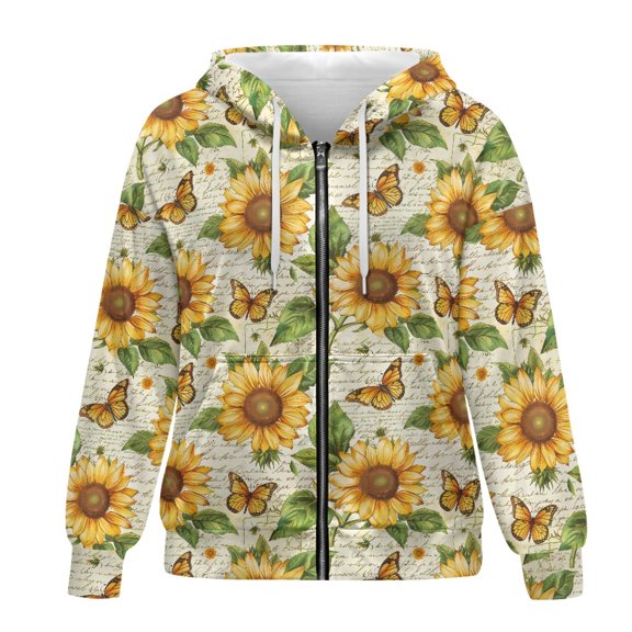 SCRAWLGOD Sunflower Butterfly Womens Hoodies Zip Up Hoodie for Women Trendy Clothes Drawstring Hoodie for Women Graphic Leisure Hoodie Sweatshirt for Women Plus Size M