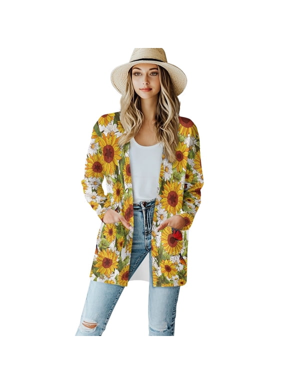 Sunflower Cardigan Jackets for Women Dressy Sweaters for Women Trendy Clothes Size 2XL Long Sleeve Ladies Cardigan Jacket Soft Sweater Coat with Pockets for Party