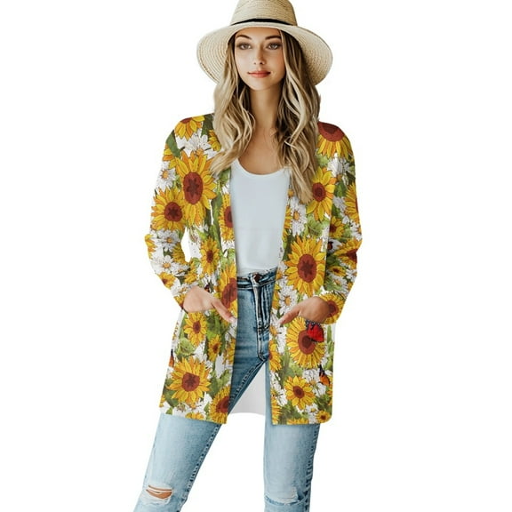 SCRAWLGOD Sunflower Cardigan Jackets for Women Dressy Sweaters for Women Trendy Clothes Size S Long Sleeve Ladies Cardigan Jacket Soft Sweater Coat with Pockets for Party