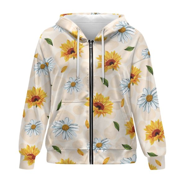 SCRAWLGOD Sunflower Daisy Hoodie Zip Up Women Light Weight Sweaters for Women Casual Drawstring Women Activewear Jacket Loose Oversized Hoodies for Women Graphic Size XS