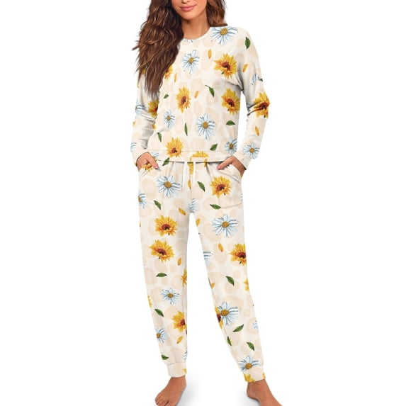 SCRAWLGOD Sunflower Daisy Pajama Set for Women Long Sleeve Pj Woman Pjs with Pockets Size S Crewneck 2 Set Outfits for Women Elastic Women Sleepwear Soft