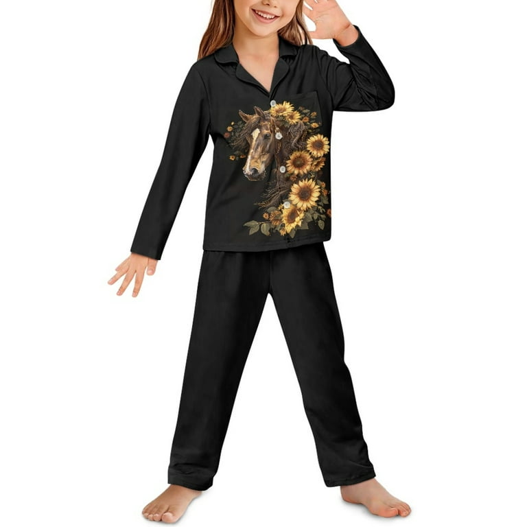 SCRAWLGOD Sunflower Horse Pajama Sets for Girls Piece Button Up