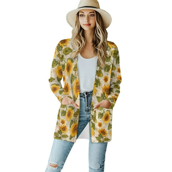 SCRAWLGOD Sunflower Long Cardigan for Women Lightweight Open Front Jacket Coat Outwear Long Sleeve Fall Cardigans for Women Trendy Comfortable Dressy Cardigans for Women Park Size XL