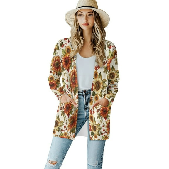 SCRAWLGOD Sunflower Long Cardigan for Women Lightweight Open Front Jacket Coat Outwear Size M Long Sleeve Womens Sweater Jacket Cardigan Washable Women Dressy Sweaters for Park