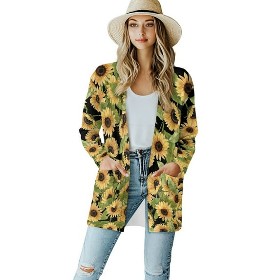 SCRAWLGOD Sunflower Long Sleeve Cardigan for Women Lightweight Jacket with Pockets Long Sleeve Sweatshirt Cardigan Women Open Front Washable Women Long Cardigan for Picnic Size S