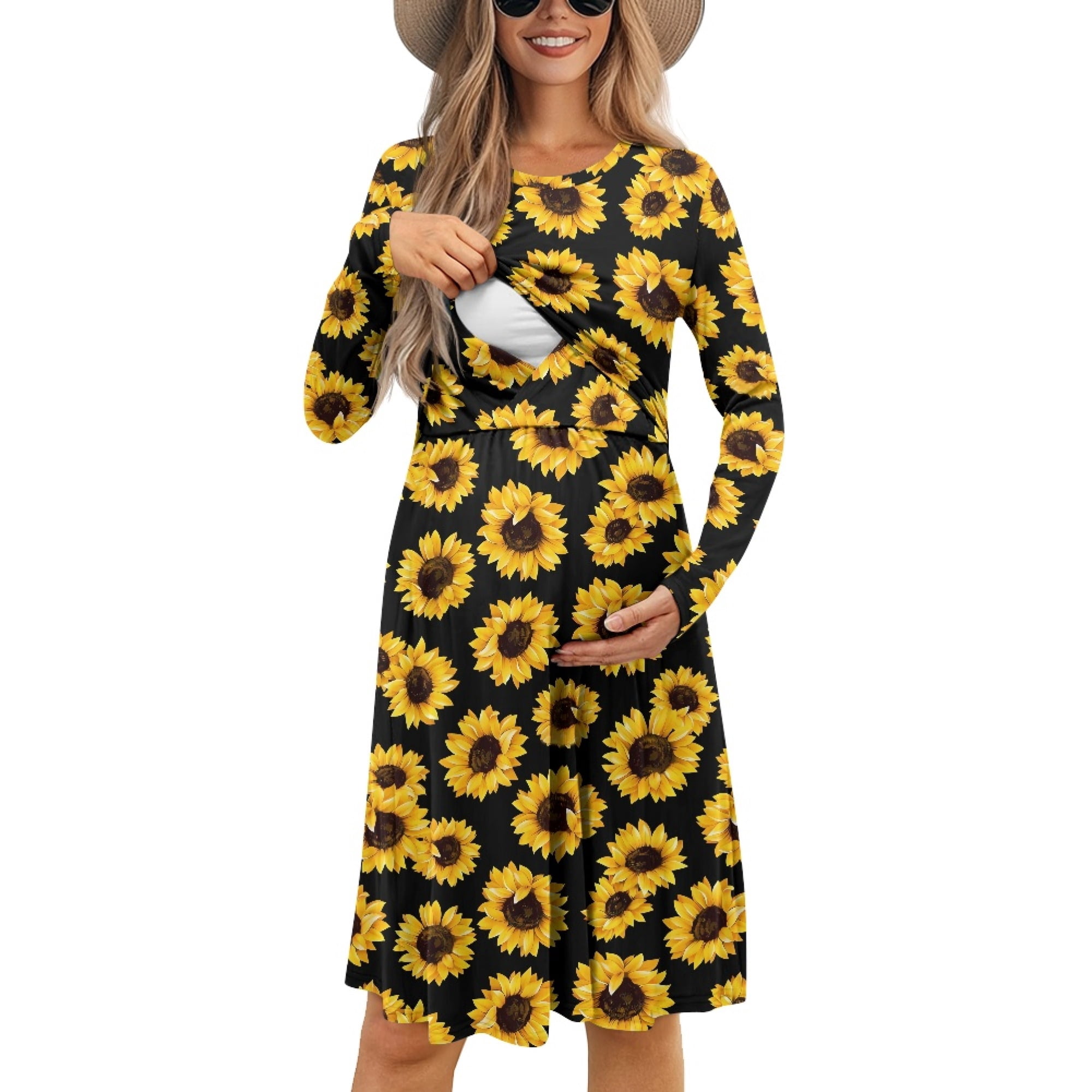 SCRAWLGOD Sunflower Maternity Nursing Dress for Breastfeeding Friendly Midi  Dresses Long Sleeve Pregnant Dress for Women Fall Lightweight Womens A Line  Dress Casual Size XL - Walmart.com