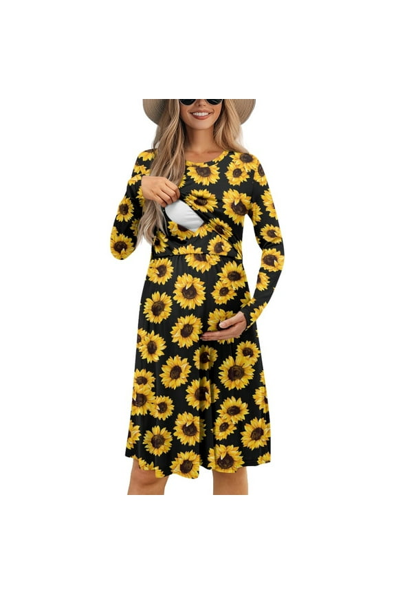 Sunflower Maternity Nursing Dress for Breastfeeding Friendly Midi Dresses Long Sleeve Pregnant Dress for Women Fall Lightweight Womens A Line Dress Casual Size S