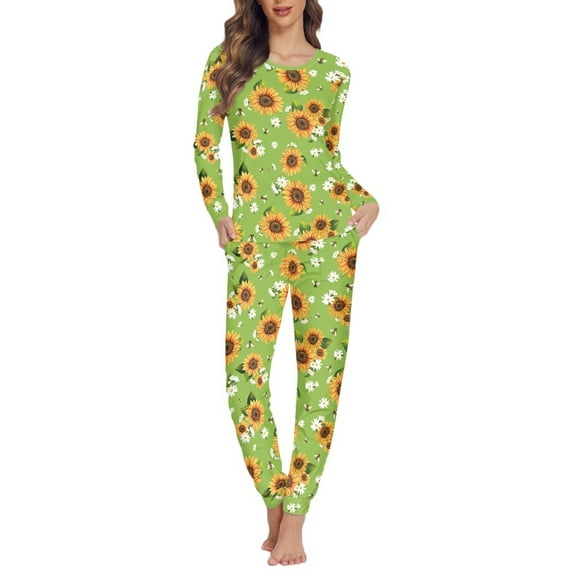 SCRAWLGOD Sunflower Pajama Set for Women Long Sleeve Pjs for Women Set Fall Outfits Crewneck Women Lounge Sets Size XS Lightweight 2 Piece Nightwear Set for Women