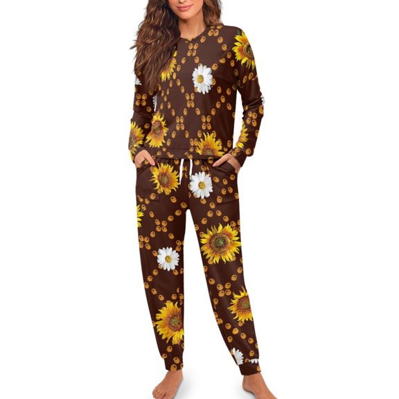 SCRAWLGOD Sunflower Pajamas Women Pj Long Sleeve Pjs for Women Set Fall Outfits Crewneck Womens Pajama Lounge Size XL Lightweight 2 Piece Lounge Women Vocation
