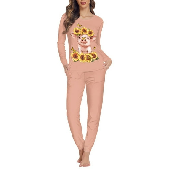 SCRAWLGOD Sunflower Pig Long Sleeve Pajama Sets for Women 2 Piece Pj Set for Women Crewneck Women Lounge Set Soft with Pockets Graphic Pjs Women Size M