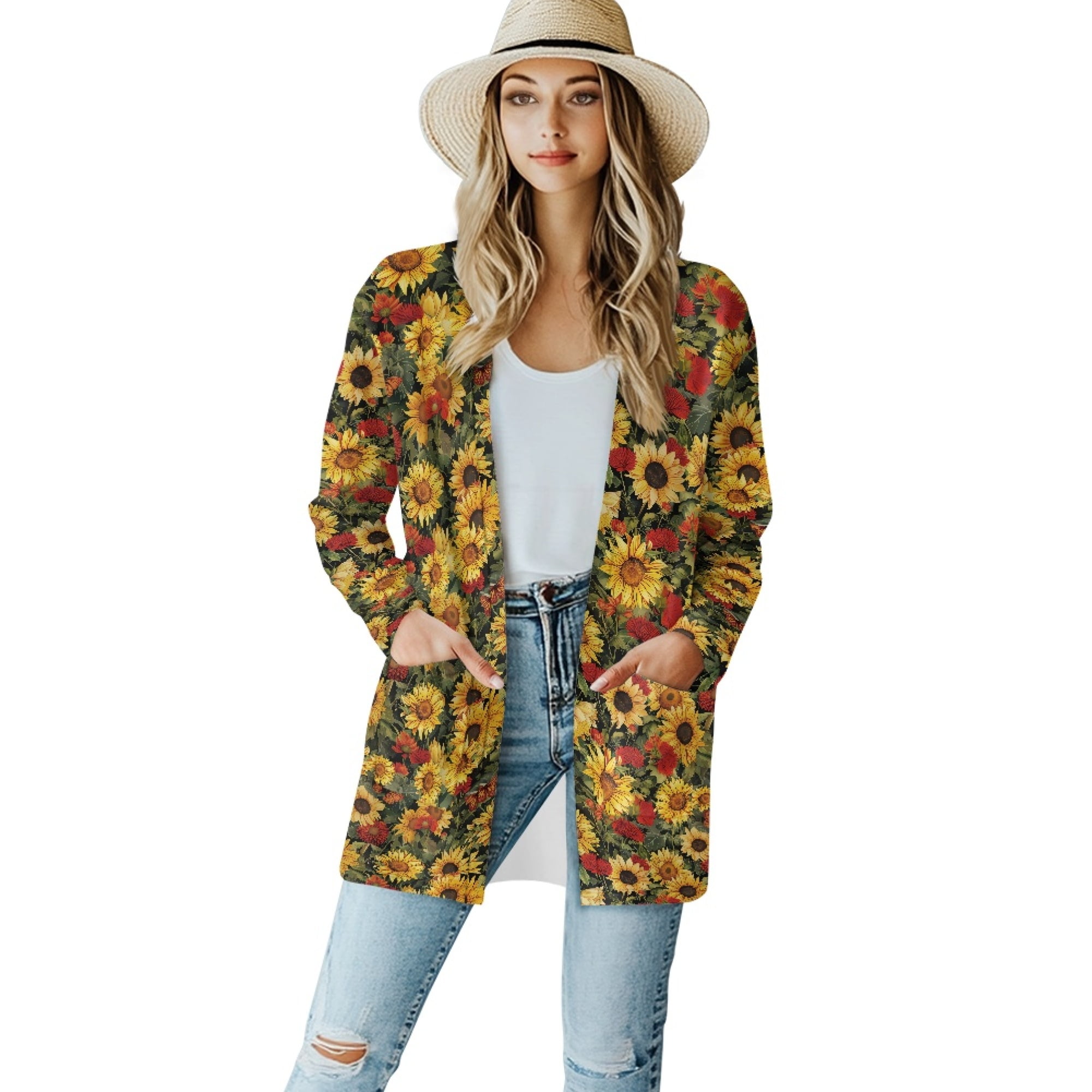 SCRAWLGOD Sunflower Print Women Cardigans Lightweight Long Cardigans ...