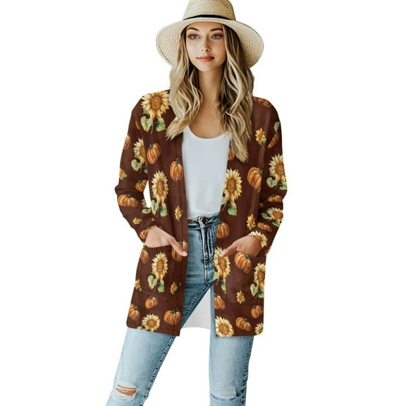 SCRAWLGOD Sunflower Pumpkins Women's Open Front Cardigan Lightweight Cardigan Sweater Size L Long Sleeve Fall Cardigan Sweaters Stretchable Women Outfits Fall for Thanksgiving
