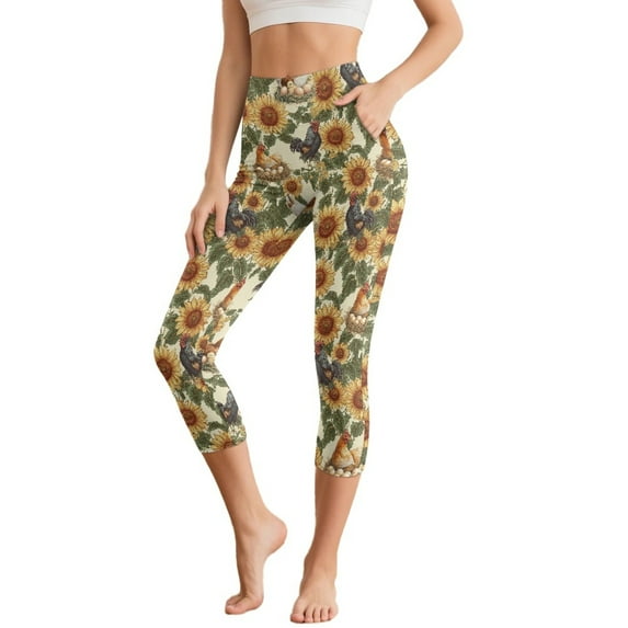 SCRAWLGOD Sunflower Rooster Beige Women's High Waisted Capri Leggings- Stretch Capri Yoga Pants with Pockets for Women - Soft Slim Yoga Pants for Running Cycling Workout, XS