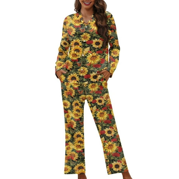 SCRAWLGOD Sunflower Women Button Up Pjs Sets for Women Long Sleeve Two Piece Clothing Size L V Neck Women Sleepwear Set Comfortable Women's Pj with Pockets