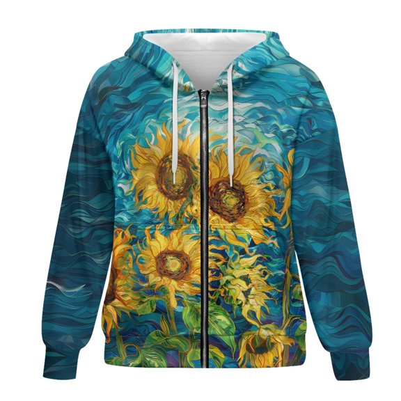 SCRAWLGOD Sunflower Women Zipper Hoodie for Working Out Women Hoodies with Zipper Long Sleeve Oversized Zipper Sweater for Women Biking Soft Women Clothes Trendy Size M