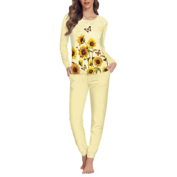 SCRAWLGOD Sunflower Women's Butterfly Pajama Sets for Women 2 Piece Long Sleeve Sleepwear Crewneck House Wear for Women Comfy Women's Pajamas with Pockets Size XS