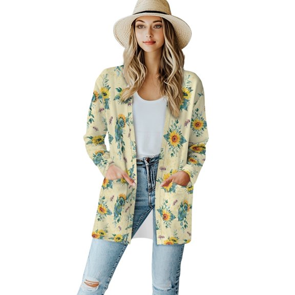 SCRAWLGOD Sunflower Womens Cardigan Jacket Sweater Light Weight Pattern Cardigan Women Long Sleeve Open Front Long Cardigans for Women Picnic Size 2XL Elastic Women Clothes Trendy