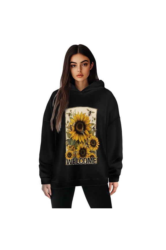 Sunflowers Bees Hoodies for Women Pullover Plus Size XL Sweaters for Women Breathable Oversized Crewneck Sweatshirt Women Drop Shoulder Collar Women Hoodie Graphic Office