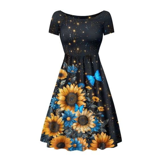 SCRAWLGOD Sunflowers Butterflies Dress for Women Dresses Galaxy Summer Midi Skater Dress with Short Sleeves Comfortable Twirly Dresses for Women Crewneck Woman Dress for Party Size M