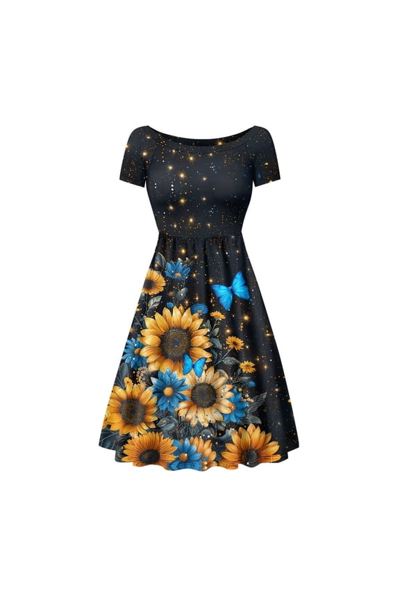Sunflowers Butterflies Dress for Women Dresses Galaxy Summer Midi Skater Dress with Short Sleeves Comfortable Twirly Dresses for Women Crewneck Woman Dress for Party Size M