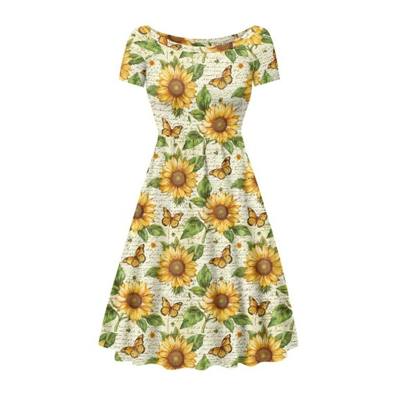SCRAWLGOD Sunflowers Butterfly Dresses for Women Dress Summer Dress with Short Sleeves Dressy Breathable Women's Dress Midi Length with Wide Neck for Daily Life Size XS
