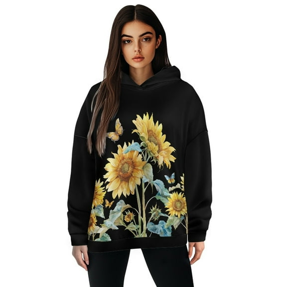 SCRAWLGOD Sunflowers Butterfly Women's Pullover Hoodie Plus Size L Tops for Women with Long Sleeves Hooded Pullover Sweater Women Soft Active Hoodies for Women Sports