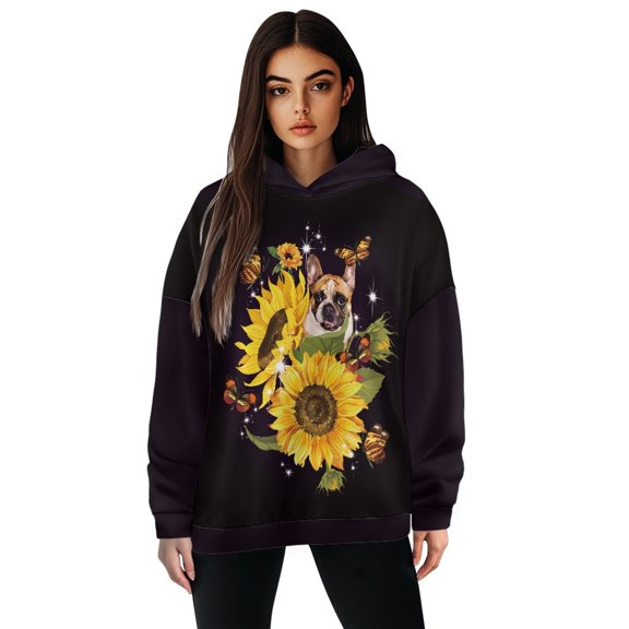 SCRAWLGOD Sunflowers Dog Pullover Hoodies for Women Oversized Hoodie Graphic Design Long Sleeve Womens Fall Hoodies Comfortable Woman Hoodies Trendy Size XL for Holidays