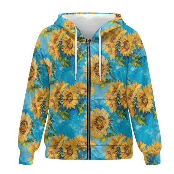 SCRAWLGOD Sunflowers Hooded Zipper Sweatshirt for Women Plus Size S Graphic Hoodies Long Sleeve Women Oversized Sweater Leisure Women Outfits Casual Work