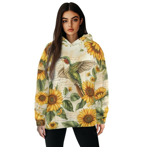 SCRAWLGOD Sunflowers Hummingbird Womens Pullover Hoddie Sweatshirts for Women Trendy Graphic Long Sleeve Sportswear Hoodie Women Leisure Ladies Pullover Hoodies Size 2XL for Vacation