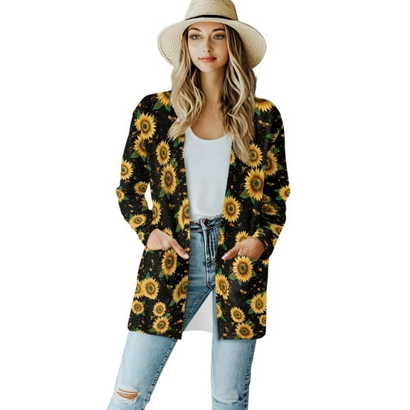 SCRAWLGOD Sunflowers Long Sleeve Cardigan for Women Lightweight Jacket with Pockets Long Sleeve Fall Cardigan for Women Trendy Comfy Cardigan for Women Loose Fit Size S