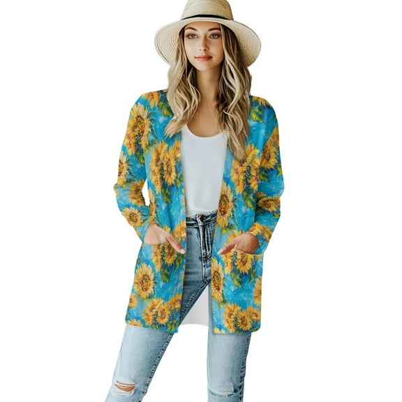 SCRAWLGOD Sunflowers Lounge Cardigans for Women Soft Fall Sweaters for Women Size XL Long Sleeve Long Printed Cardigan Women Party Comfy Cardigan for Women Loose Fit
