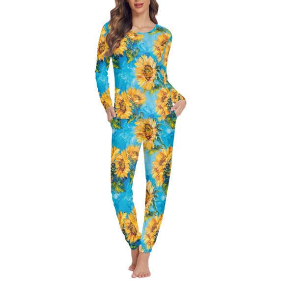 SCRAWLGOD Sunflowers Pjs for Women Set of 2 Lounge Sets for Women Long Sleeve Sleepwear Crewneck Jogger Pj Sets for Women Size 5XL Comfy Women's Pajama Sets
