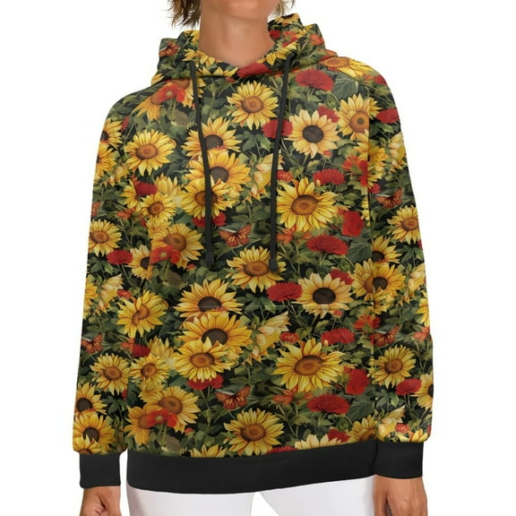 SCRAWLGOD Sunflowers Pull Over Hoodie for Womens Lightweight Hoodies with Pockets Long Sleeve Hooded Sweatshirt Women Plus Size XL Elastic Women's Hoodie Tops