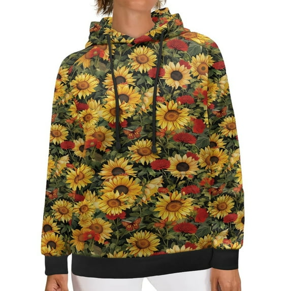 SCRAWLGOD Sunflowers Pull Over Hoodie for Womens Lightweight Hoodies with Pockets Long Sleeve Hooded Sweatshirt Women Plus Size XS Elastic Women's Hoodie Tops