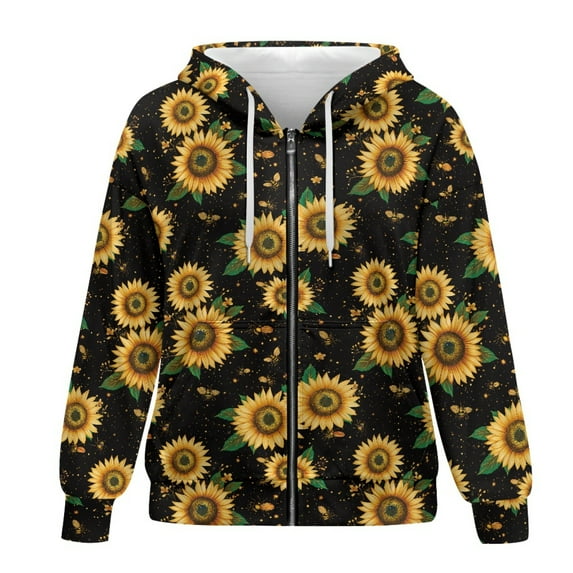 SCRAWLGOD Sunflowers Women's Zip Up Hoodies Lightweight Graphic Sweatshirt with Hood Long Sleeve Womens Activewear Zip Up Loose Women Oversized Sweater Size L