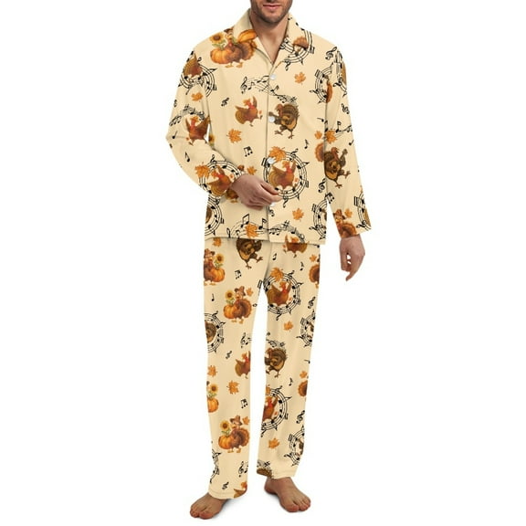 SCRAWLGOD Thanksgiving Day Mens Polyester Pajama Set, Breathable Long Sleeve Button Down Pajama Set for Men, Notch Collar Loungewear with Pockets, Pumpkin Pumpkin Musical Note Turkey Print, XL