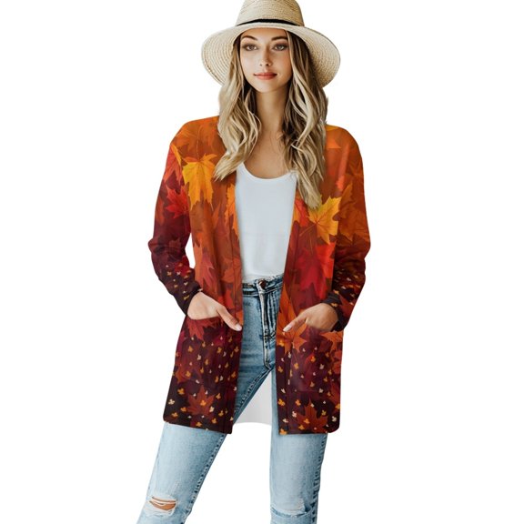 SCRAWLGOD Thanksgiving Maple Leaf Cardigans for Women Trendy Fall with Pockets Stretchable Sweater Cardigan Women Long Size S Long Sleeve Womens Sweater Jacket