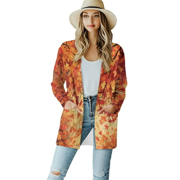 SCRAWLGOD Thanksgiving Maple Leaf Cardigans for Women Trendy Sweater Tops for Women Size L Long Sleeve Fall Cardigan for Women Dressy Elastic Women Jackets Fashion
