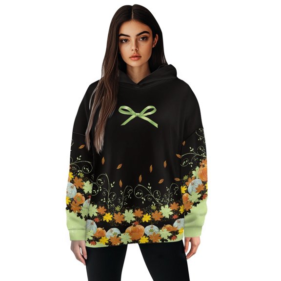 SCRAWLGOD Thanksgiving Maple Leaf Hoodies for Women Pullover Graphic Sweatshirt for Women Trendy Tops Elastic Ladies Hooded Sweaters Long Sleeve Streetwear Hoodie Women Size L