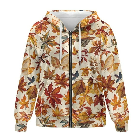 SCRAWLGOD Thanksgiving Maple Leaf Hoodies for Women Zip Up Sweatshirt Long Sleeve Casual Pocket Size 2XL Elastic Oversized Hooded Sweaters for Women Holidays