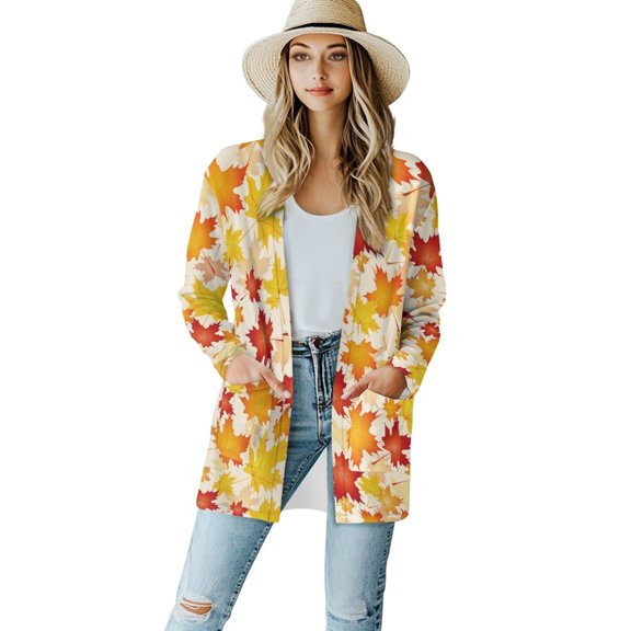 SCRAWLGOD Thanksgiving Maple Leaf Women's Cardigan Sweaters Long Cardigans for Women Long Sleeve Comfy Cardigans for Women Casual Stretchy Women Outfits Fall Size M