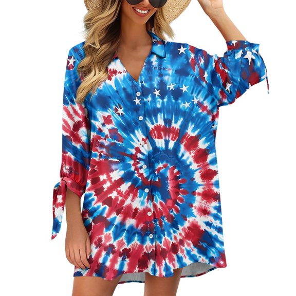 SCRAWLGOD Tie Dye 3/4 Sleeve Cardigan Shirt for Women Red Blue Women's Blouses & Button Up Shirts Size L Ladies Tops and Blouses 3/4 Sleeve for Daily & Travel