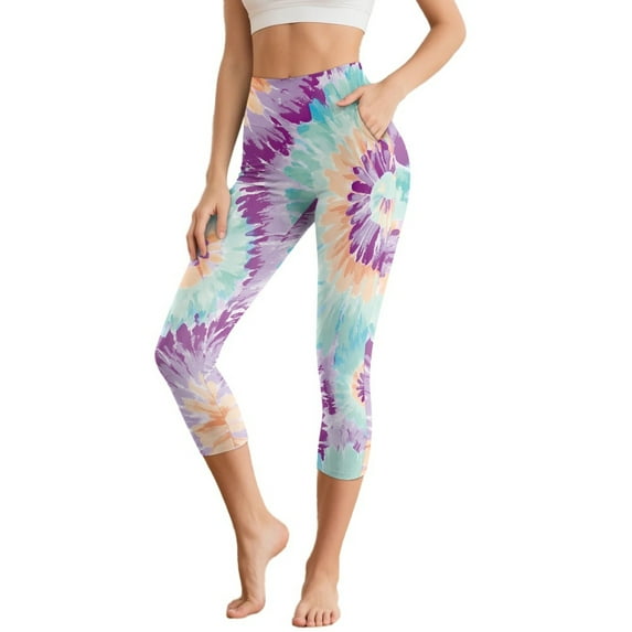 SCRAWLGOD Tie-Dye Blue Violet Women's Capri Yoga Pants with Pockets High Waisted Yoga Legging for Workout Tummy Control Breathable Casual Cropped Tights, 3XL