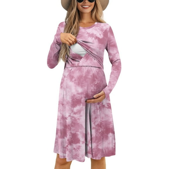 SCRAWLGOD Tie Dye Nursing Dress for Women Breastfeeding Friendly Midi Dresses Fall Size L Crew Neck Casual Maternity Dress for Baby Shower Washable Midi Length Nursing Dress