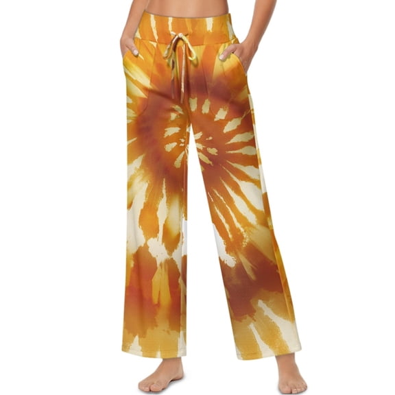 SCRAWLGOD Tie-Dye Print Beige Orange Womens High Waisted Palazzo Lounge Pants Lace-Up Wide Leg Casual Trousers Fashionable Cozy Loose Fit Slacks with Pockets, L