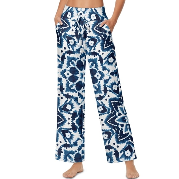 SCRAWLGOD Tie-Dye Print Blue White Womens High Waist Wide Leg Pants Drawstring Fashionable Comfortable Elastic Lounge Trousers Flowy Loose Fit Slacks with Pockets, L