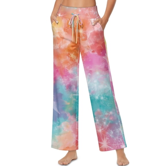 SCRAWLGOD Tie-Dye Print Orange Blue Womens Wide Leg Palazzo Pants with Adjustable Tie Knot High Waist Soft Casual Trousers Trendy Lightweight Lounger Slacks with Pockets, S