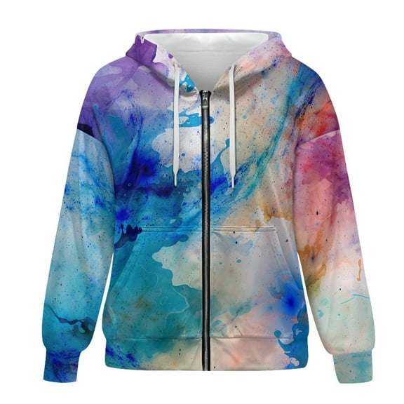 SCRAWLGOD Tie Dye Women's Zip Up Hoodies Plus Size XS Women Hooded Zipper Sweatshirt Long Sleeve Zipup Hoodie Women Fall Comfortable Ladies Zip Up Hoodies with Pockets
