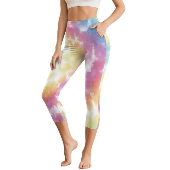 SCRAWLGOD Tie-Dye Yellow Pink Women's High Waisted Yoga Pants with Pockets Tummy Control Athletic Workout Crop Leggings Lightweight Casual Yoga Capris for Running Cycling, S